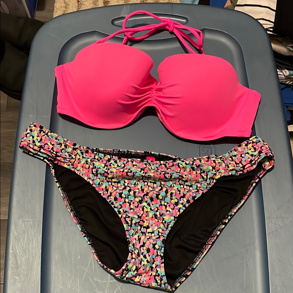 Vibrant Pink Bikini Top and Multicolor Bottom